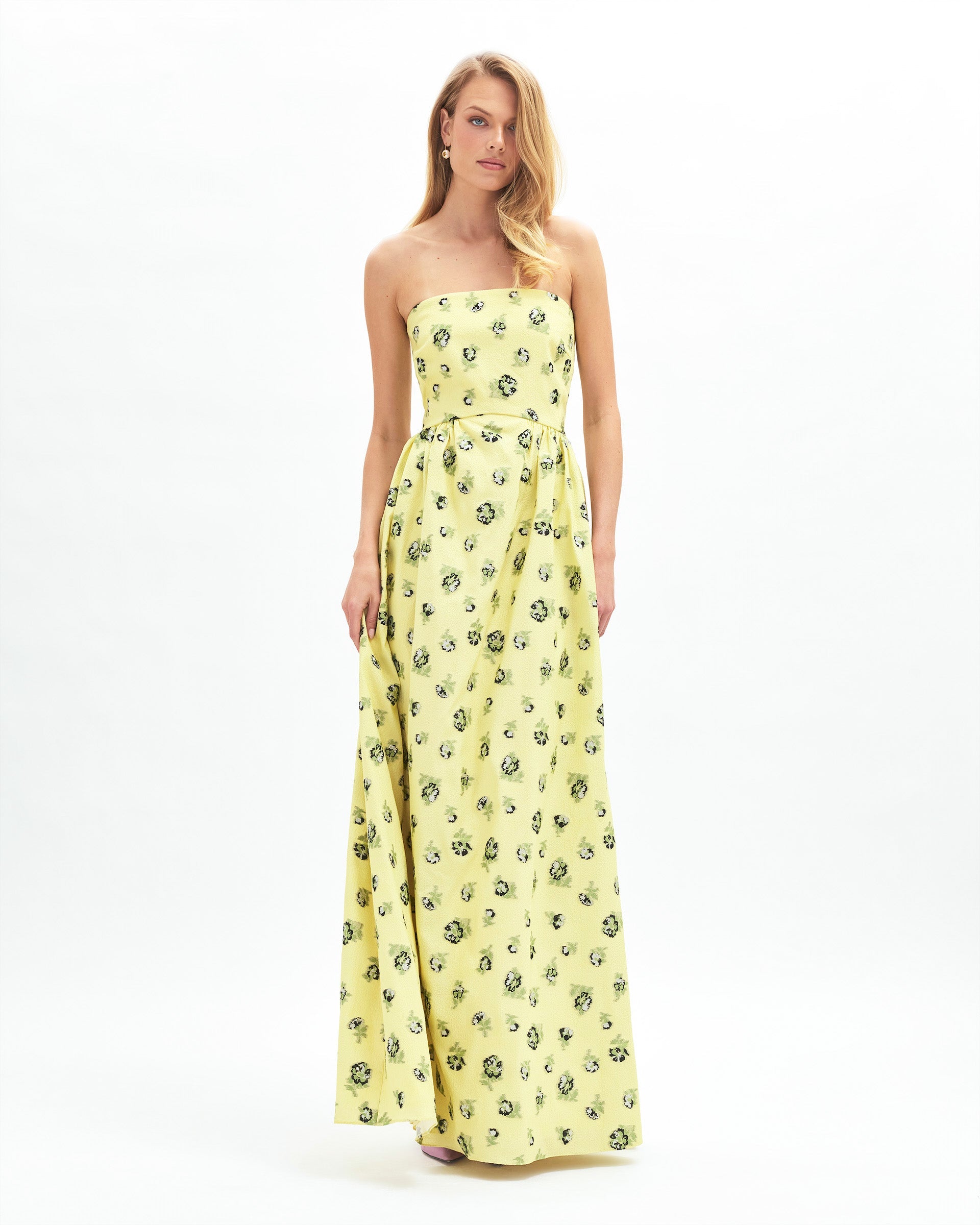 Audrey Floral Gown in Light Lemon/Green Grass Multi