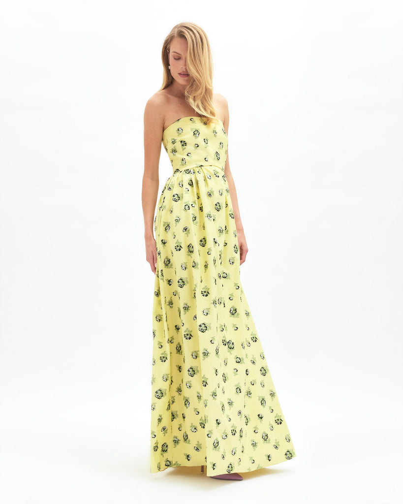 Audrey Floral Gown in Light Lemon/Green Grass Multi