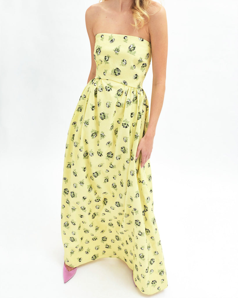 Audrey Floral Gown in Light Lemon/Green Grass Multi
