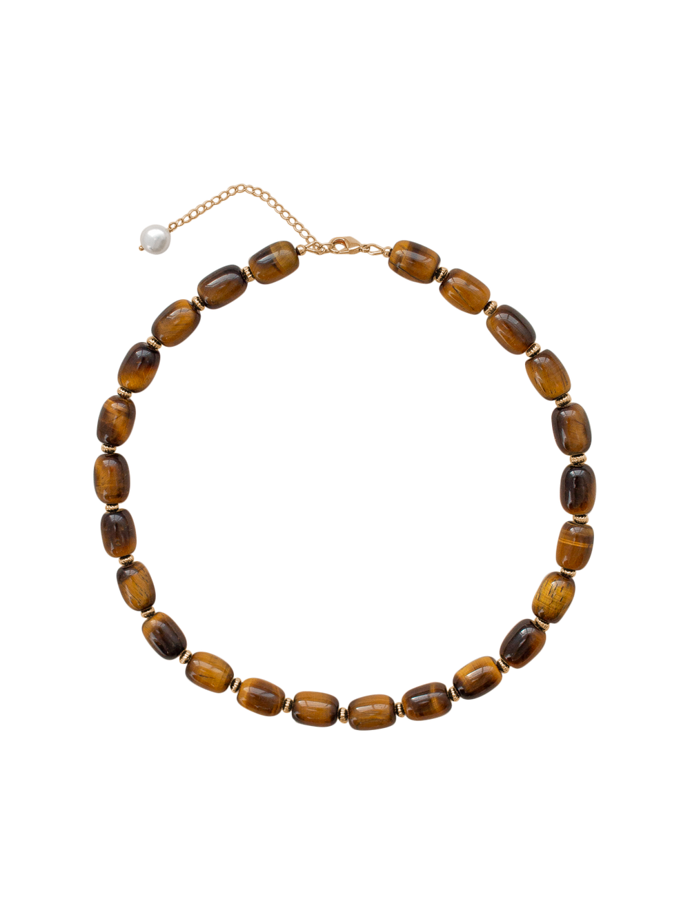 Aurelie Necklace, brown tiger eye beads with freshwater pearl and gold-filled extender on white background