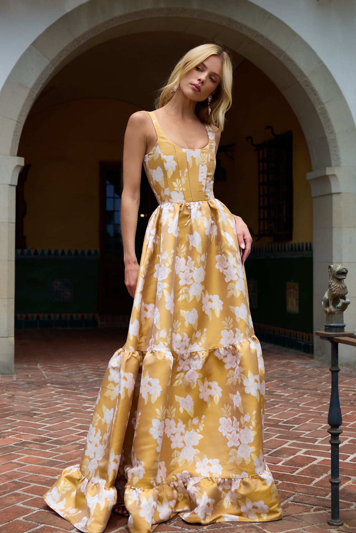 The Avery Dress in Gold Baroque Floral