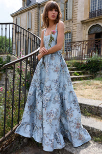 The Avery Dress in Light Blue Lilibet Brocade