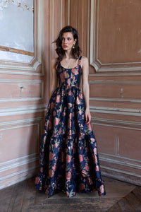 The Avery Dress in Navy Tudor Rose Brocade