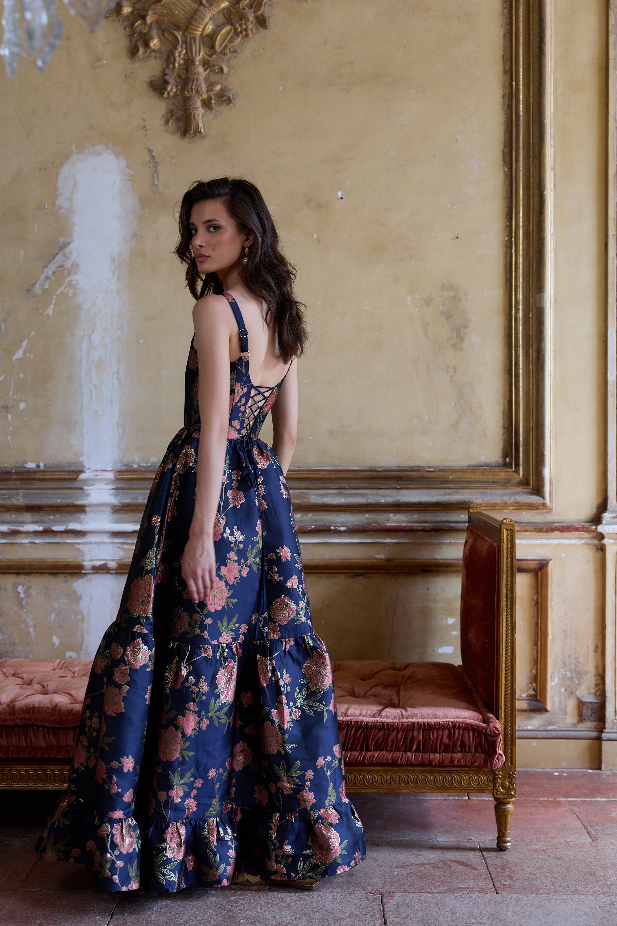 The Avery Dress in Navy Tudor Rose Brocade