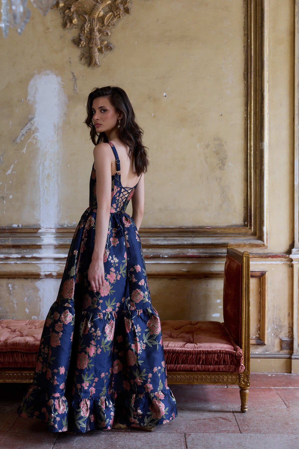 The Avery Dress in Navy Tudor Rose Brocade