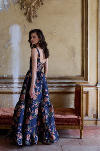 The Avery Dress in Navy Tudor Rose Brocade