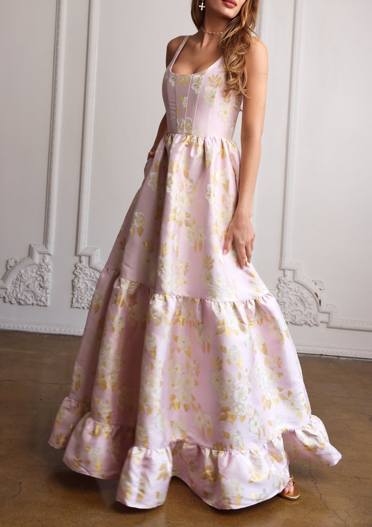 Front view of The Avery Dress in Light Lilac Baroque Floral showcasing corseted bodice, pockets, and gathered tiered skirt