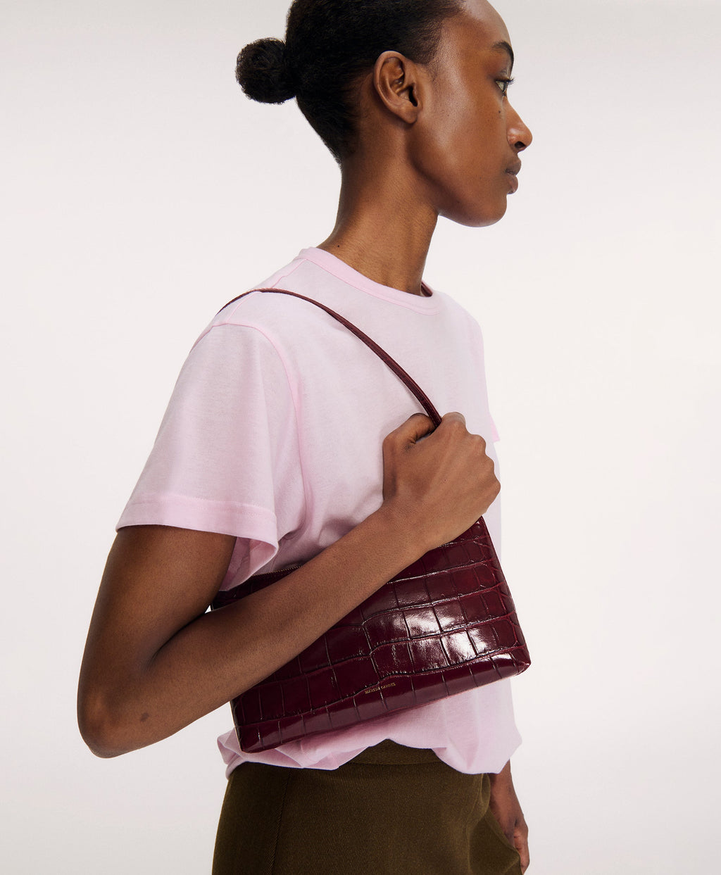 Gaia Shoulder Bag - Oxblood Croc on model