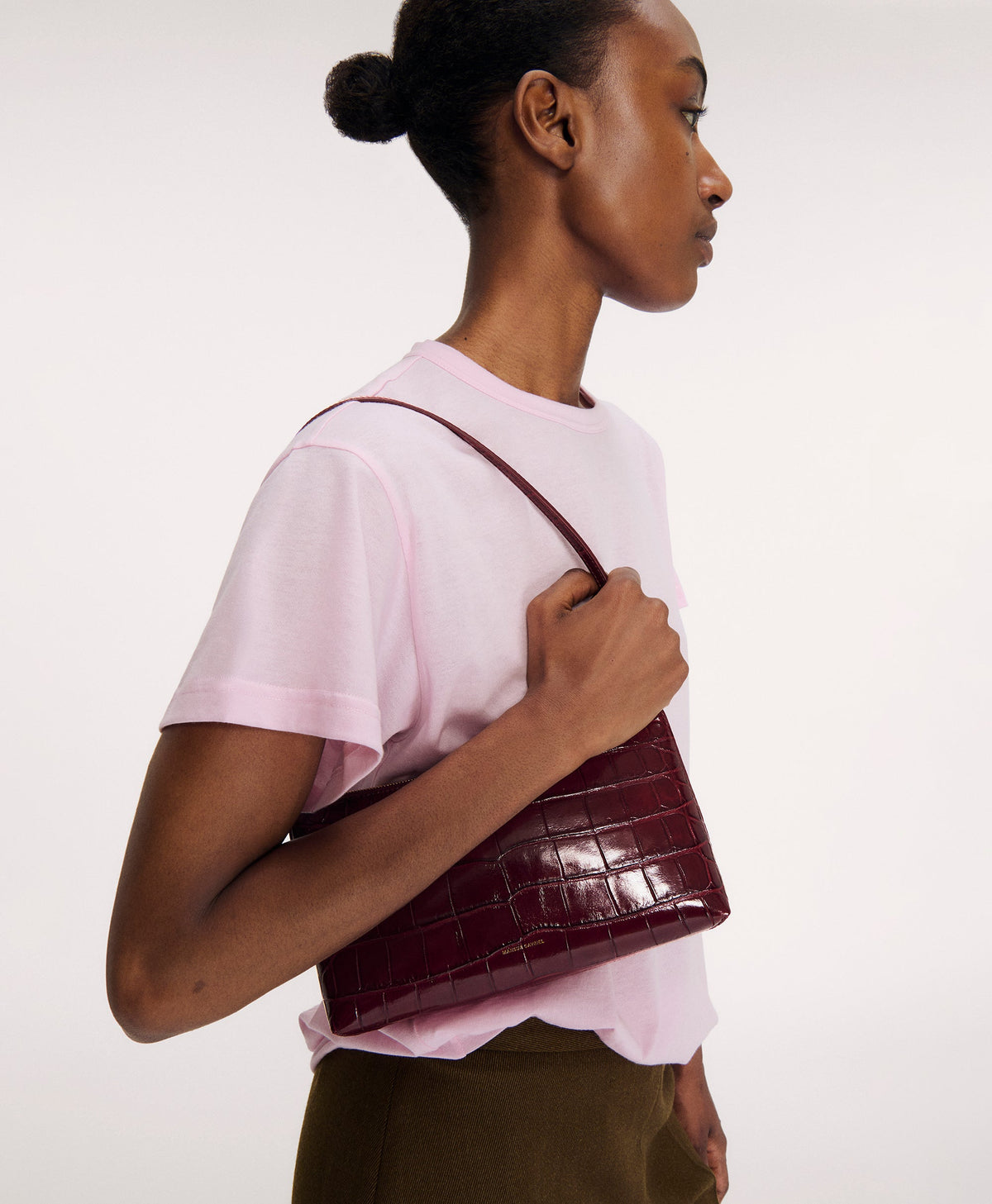 Gaia Shoulder Bag - Oxblood Croc on model
