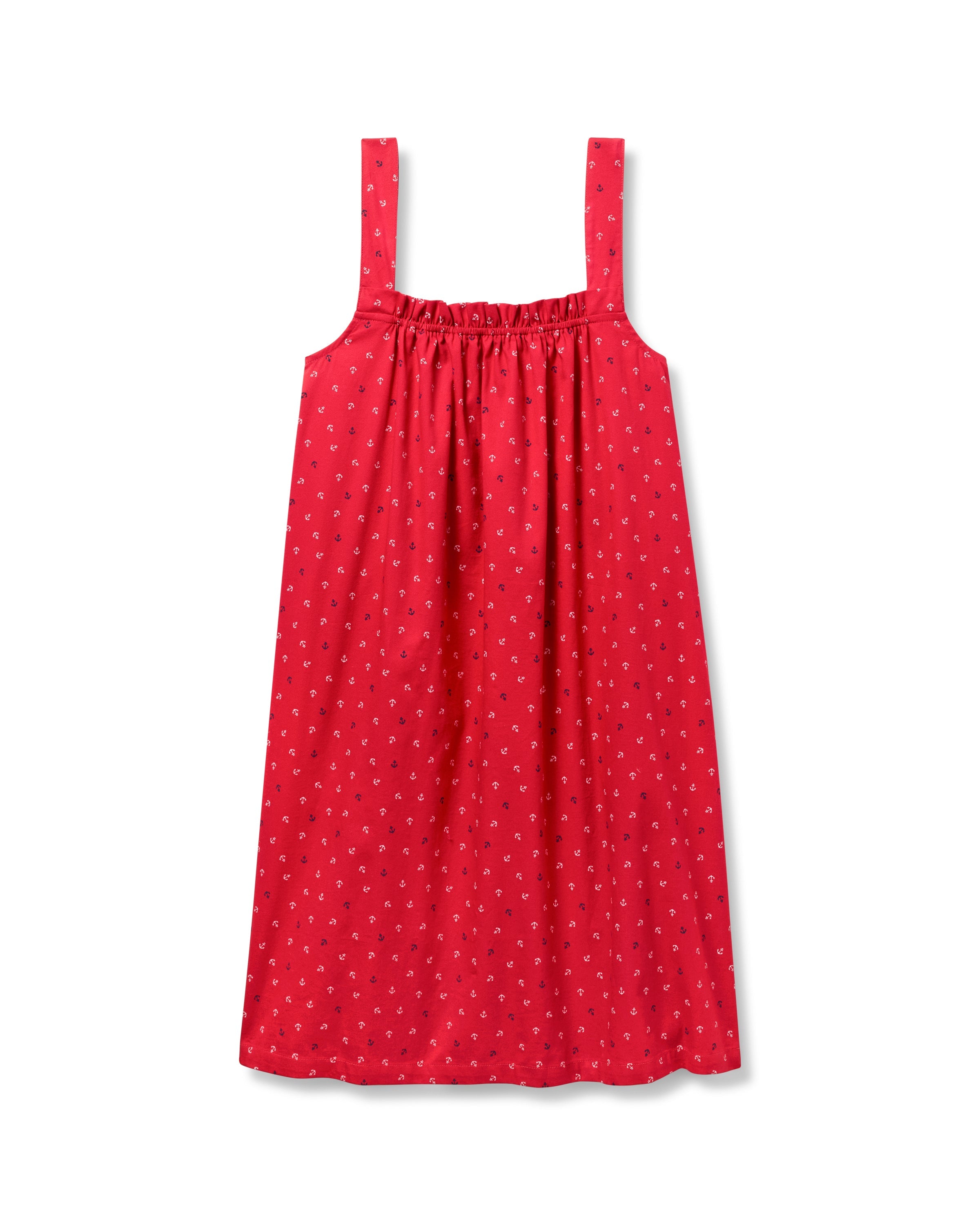 The Womens Twill Annabelle Nightgown in Anchors Away by Petite Plume is a sleeveless, knee-length dress in bright red with a subtle polka dot pattern and wide shoulder straps, featuring a gathered neckline that creates a simple, casual look against a white backdrop.