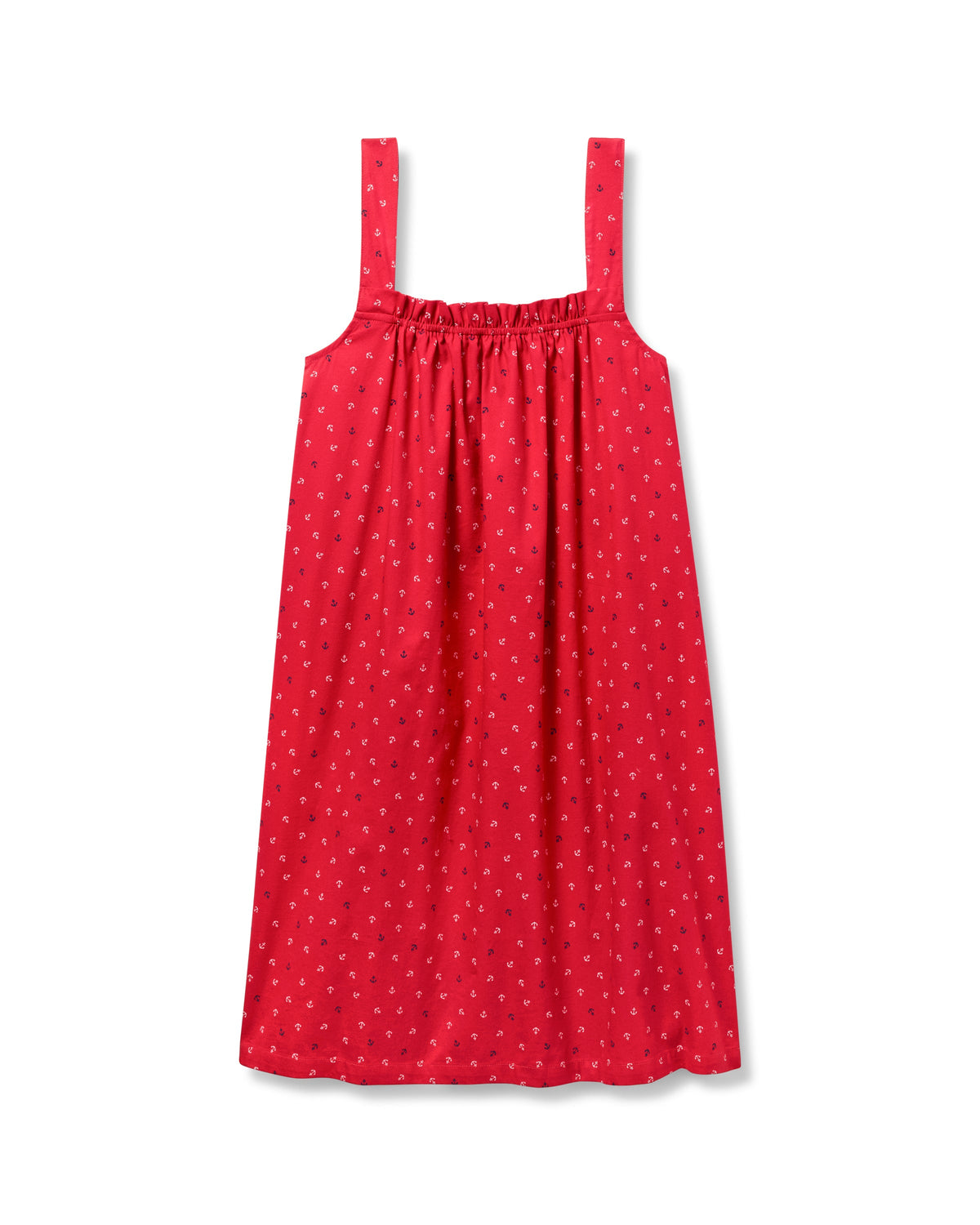 The Womens Twill Annabelle Nightgown in Anchors Away by Petite Plume is a sleeveless, knee-length dress in bright red with a subtle polka dot pattern and wide shoulder straps, featuring a gathered neckline that creates a simple, casual look against a white backdrop.