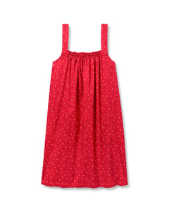The Womens Twill Annabelle Nightgown in Anchors Away by Petite Plume is a sleeveless, knee-length dress in bright red with a subtle polka dot pattern and wide shoulder straps, featuring a gathered neckline that creates a simple, casual look against a white backdrop.
