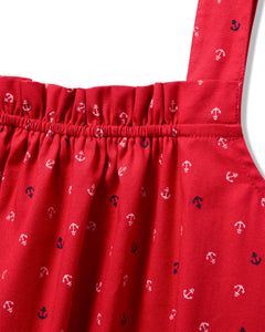 Close-up of Petite Plumes Womens Twill Annabelle Nightgown in Anchors Away, highlighting the gathered design with navy and white anchor patterns. The nautical print features visible stitching and straps.