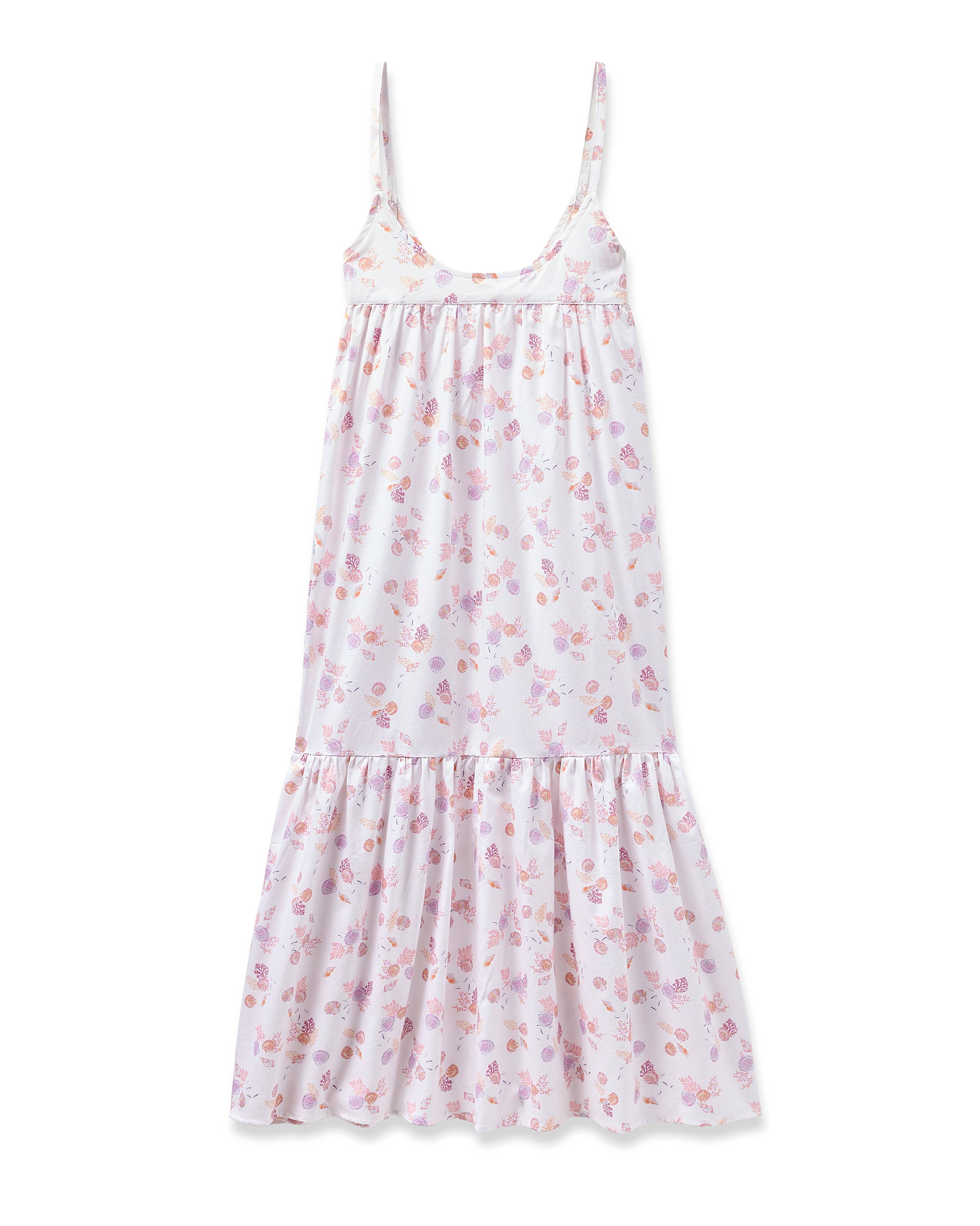 The Womens Twill Chloe Nightgown in Seashell Splendor by Petite Plume is a sleeveless, flowy white dress with thin straps, a floral pattern in pink, purple, and light orange, a ruffled hem, and an empire waistline—ideal for those who appreciate luxurious sleepwear.