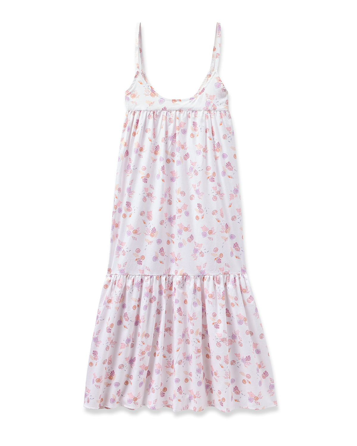 The Womens Twill Chloe Nightgown in Seashell Splendor by Petite Plume is a sleeveless, flowy white dress with thin straps, a floral pattern in pink, purple, and light orange, a ruffled hem, and an empire waistline—ideal for those who appreciate luxurious sleepwear.