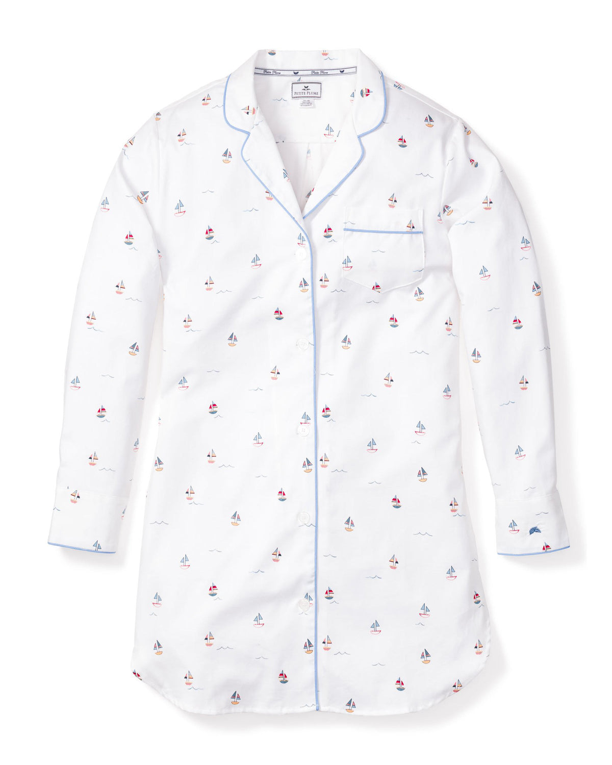 Front view of Women’s Twill Nightshirt in Bateau with colorful boat motif, contrast piping, and pearl buttons
