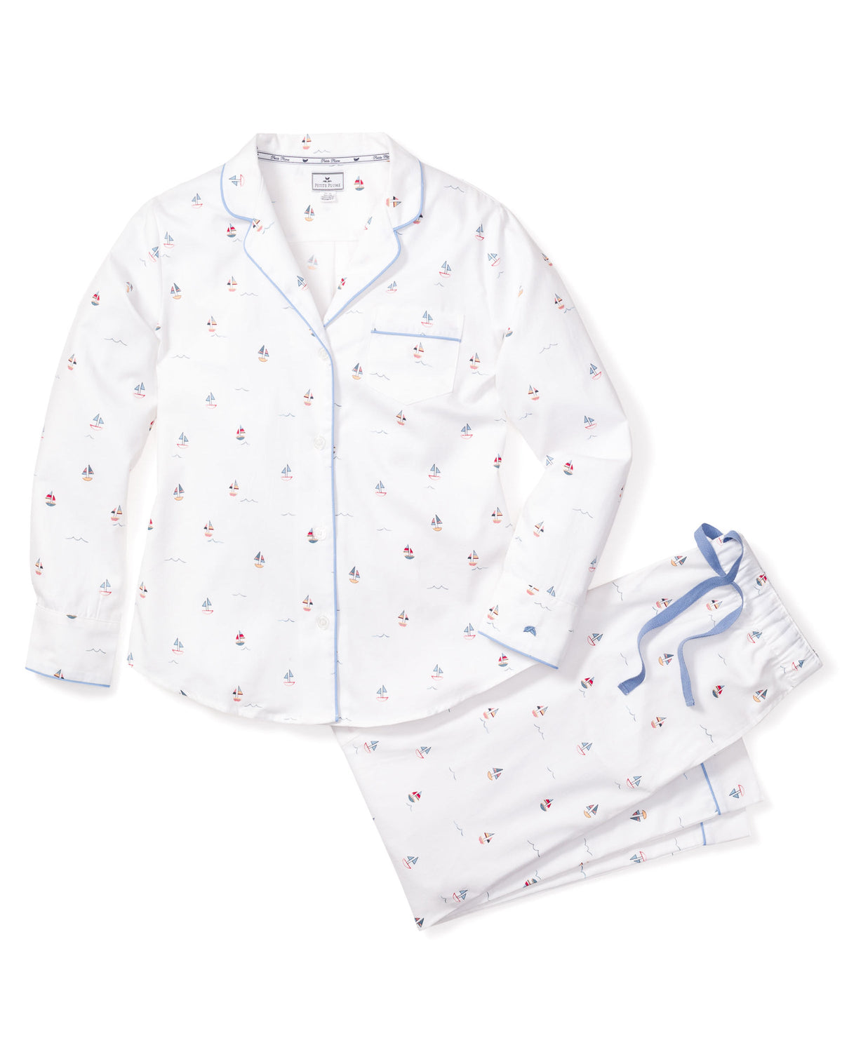 Front view of Women’s Twill Pajama Set in Bateau showcasing colorful boat print, blue piping, and pearl buttons