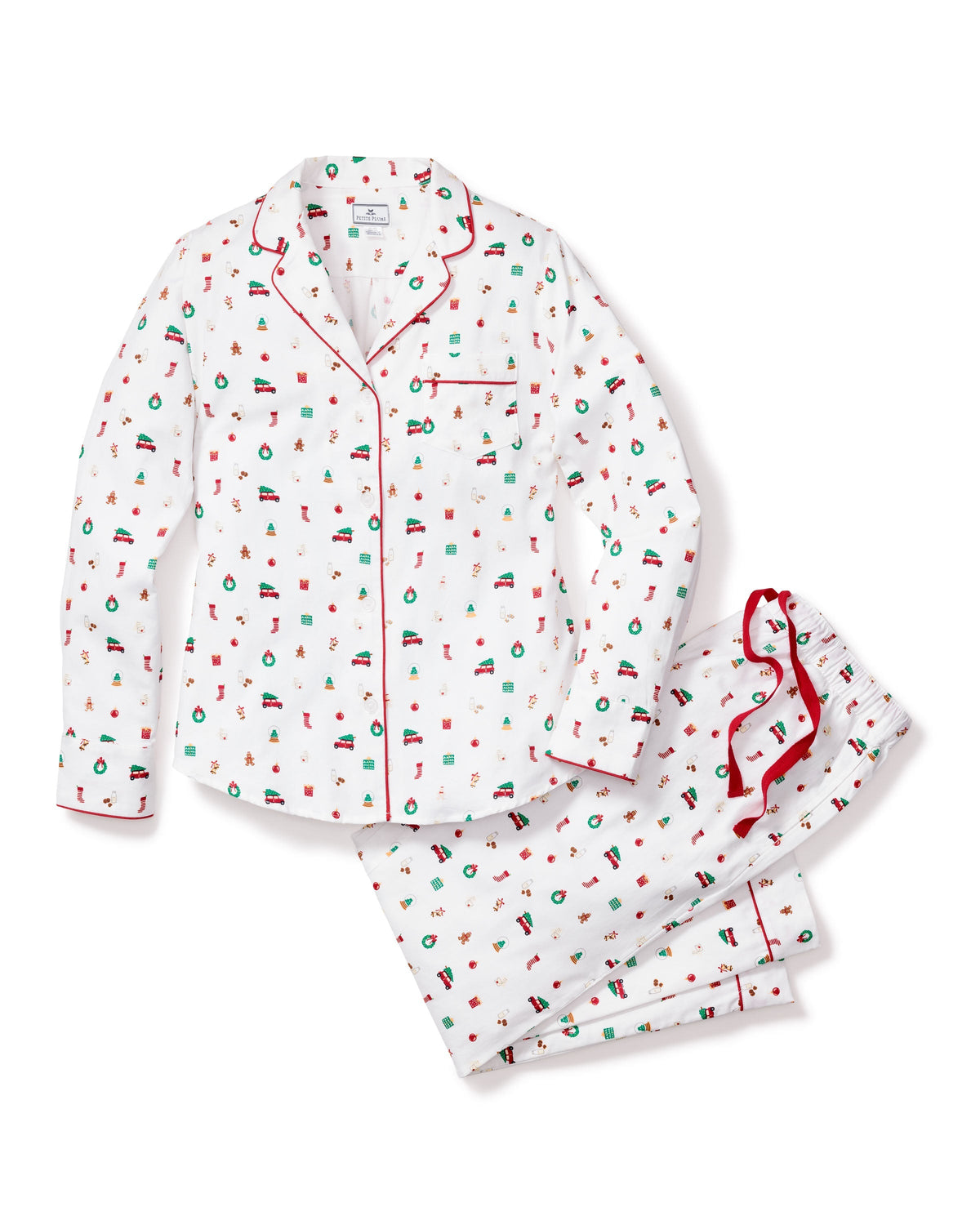 Front view of Women’s Twill Pajama Set in Winter Nostalgia with red piping and festive print on white cotton background