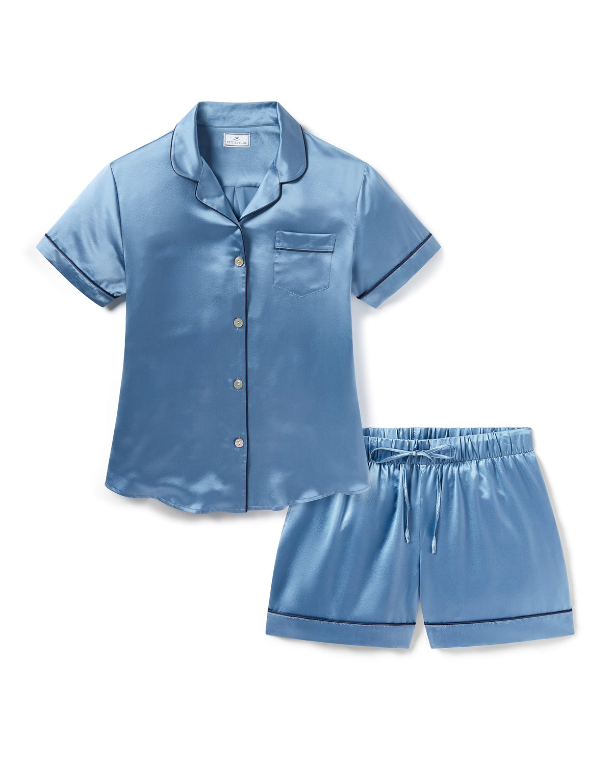 Front view of Women’s Silk Short Sleeve Short Set in Mystique Blue showcasing chest pocket and drawstring shorts on white