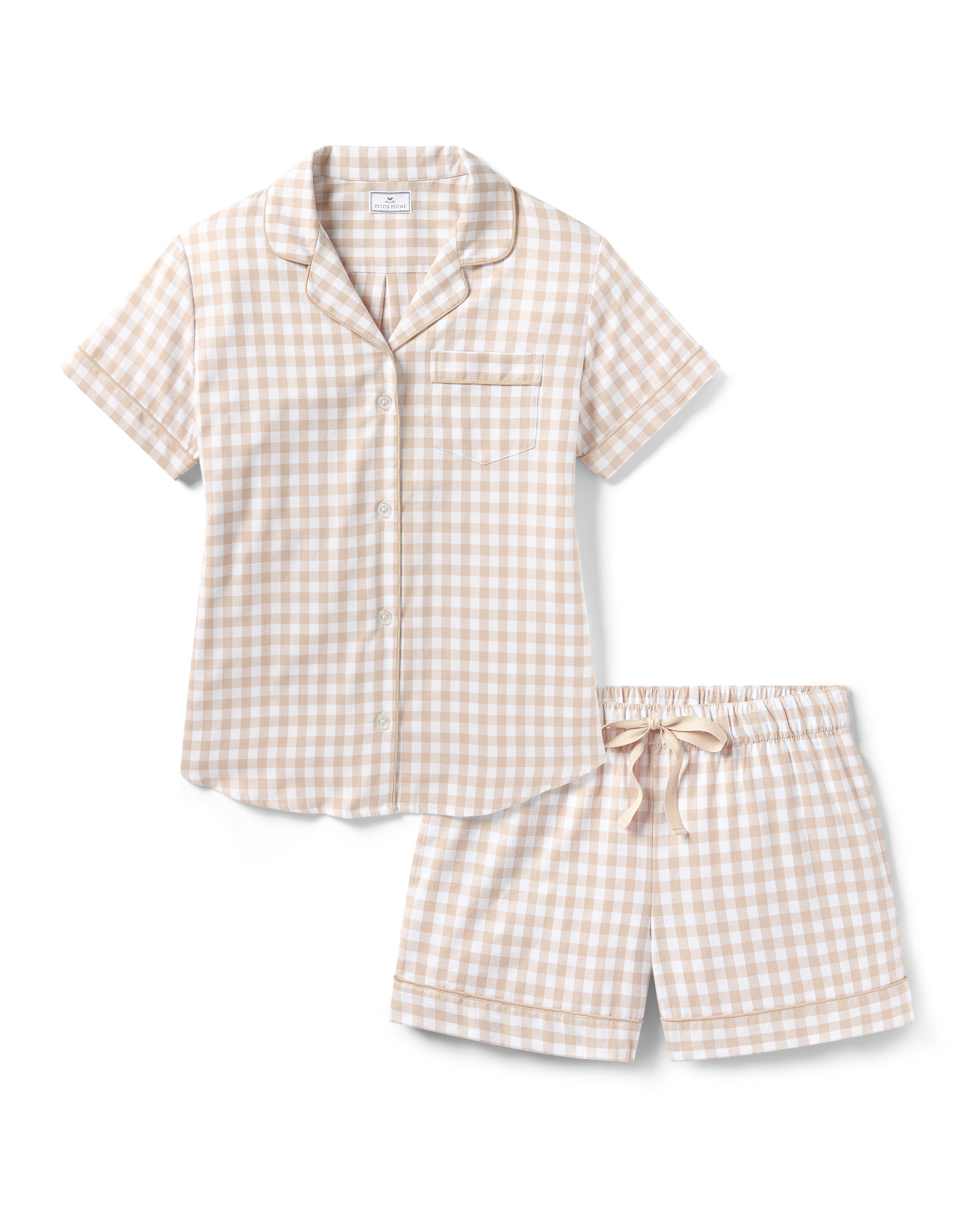 Women’s Twill Short Sleeve Short Set in Camel Gingham