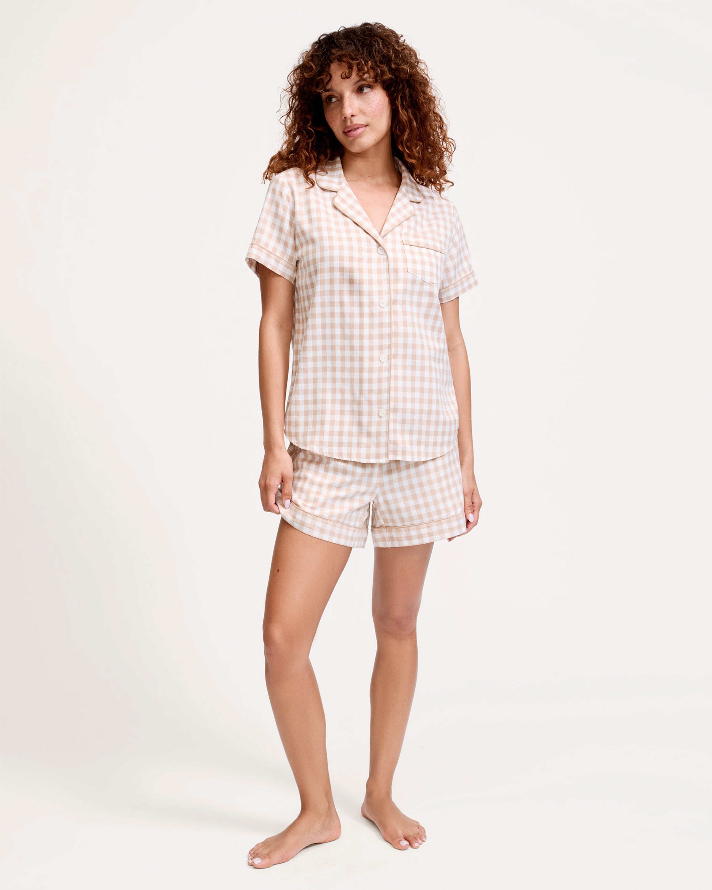 Women’s Twill Short Sleeve Short Set in Camel Gingham