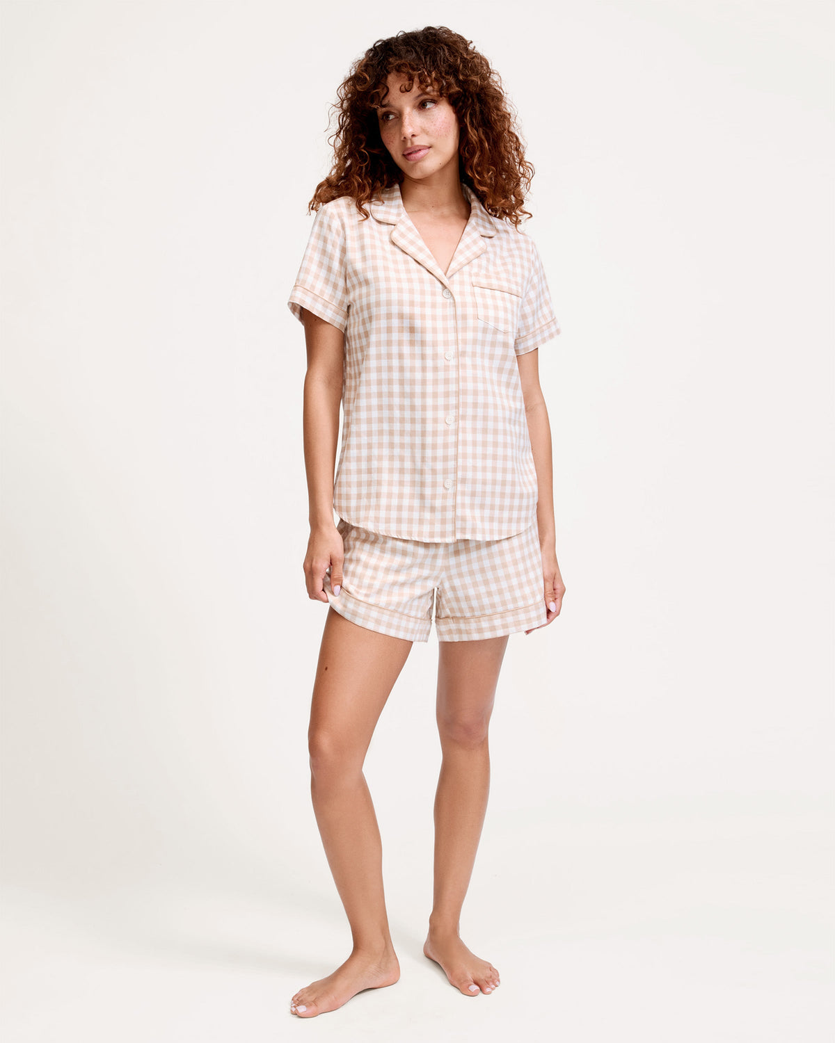 Women’s Twill Short Sleeve Short Set in Camel Gingham
