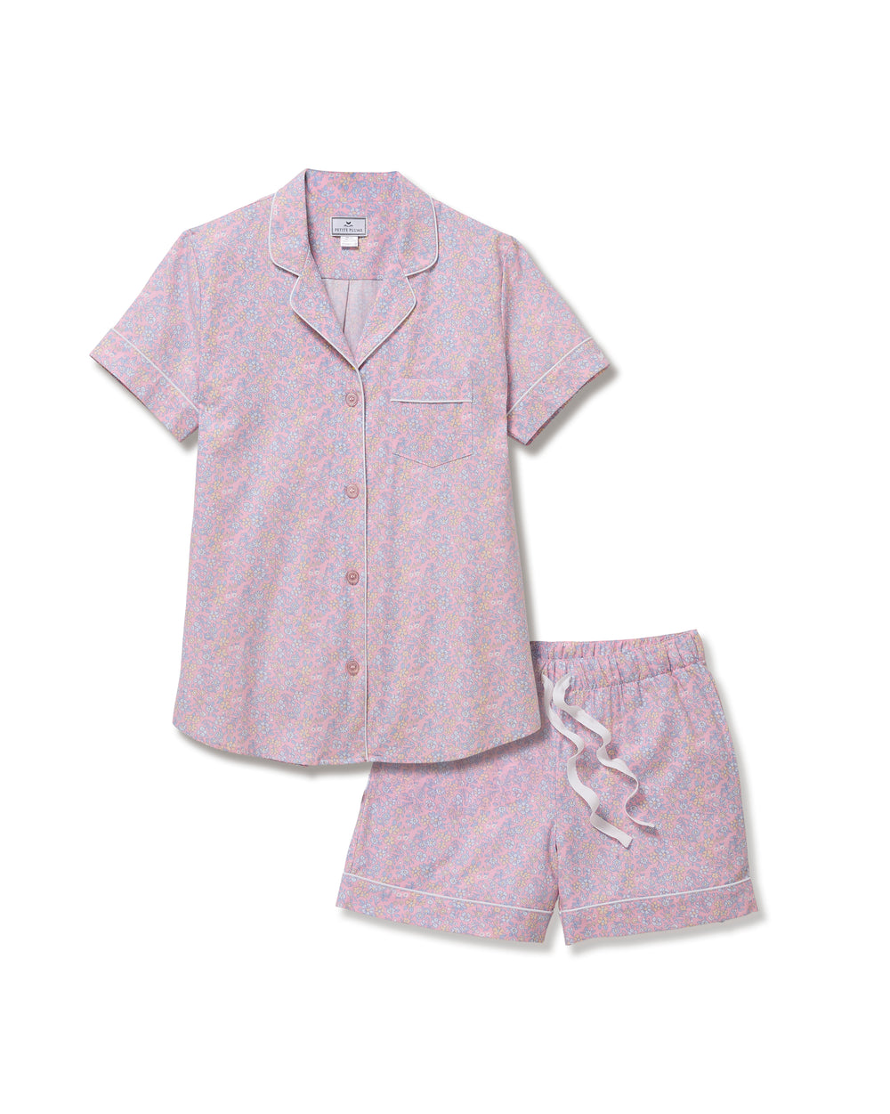 Flat lay of Twill short-sleeve short pajama set in Fleur Blush showcasing contrast white piping, button-front top, chest pocket, and drawstring shorts on white background