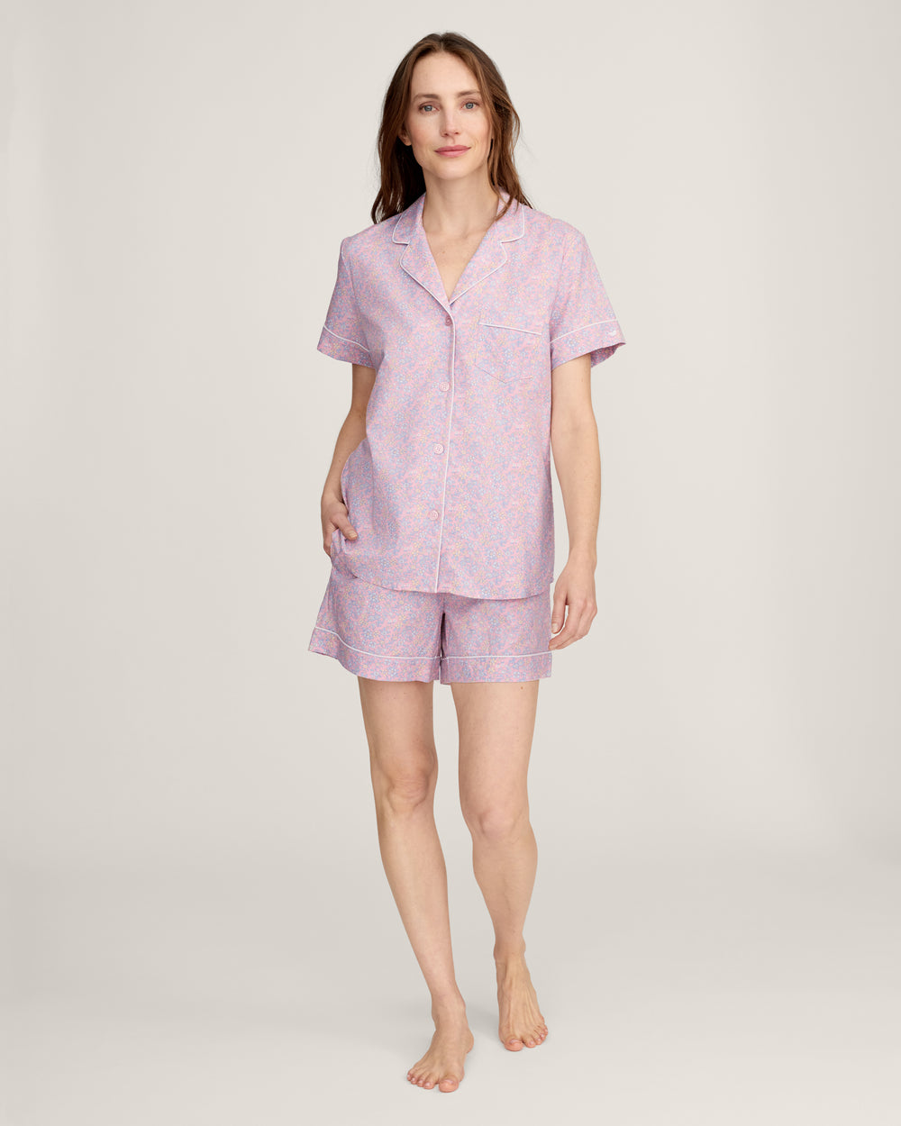 Front view of Twill short sleeve short set in Fleur Blush showing relaxed fit, white contrast piping and button-front top