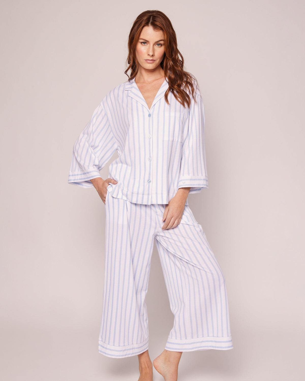 Women's Pima Wide Leg Pajama Set in Periwinkle Stripe