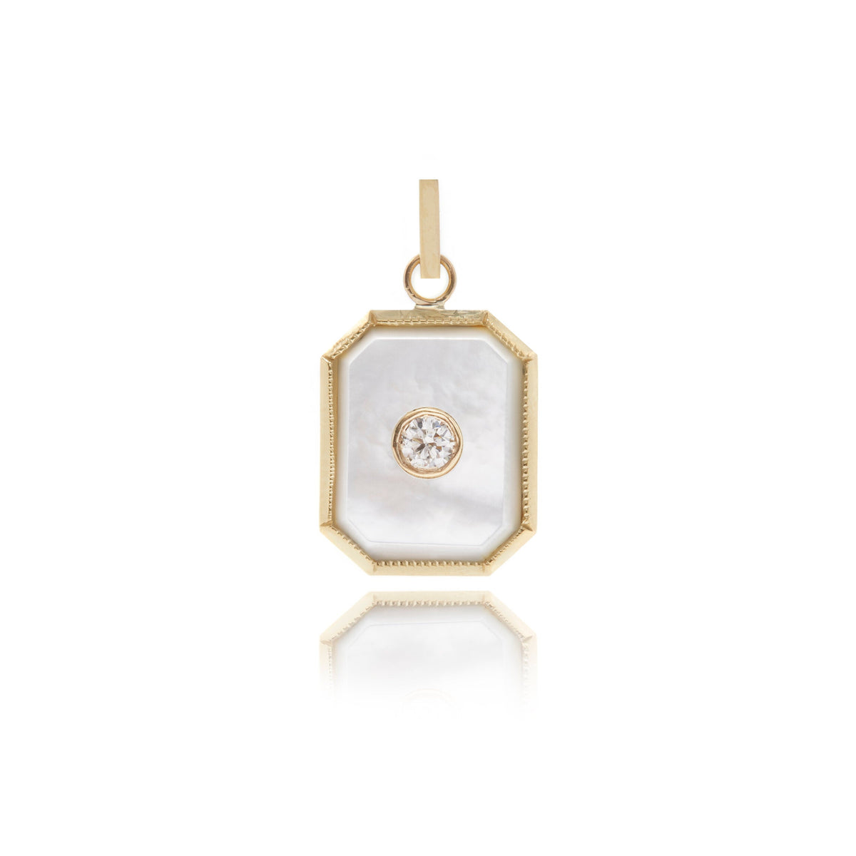 Front view of Mother of Pearl bezel charm showcasing octagonal 14K yellow gold frame with milgrain detail and center bezel-set diamond on white background