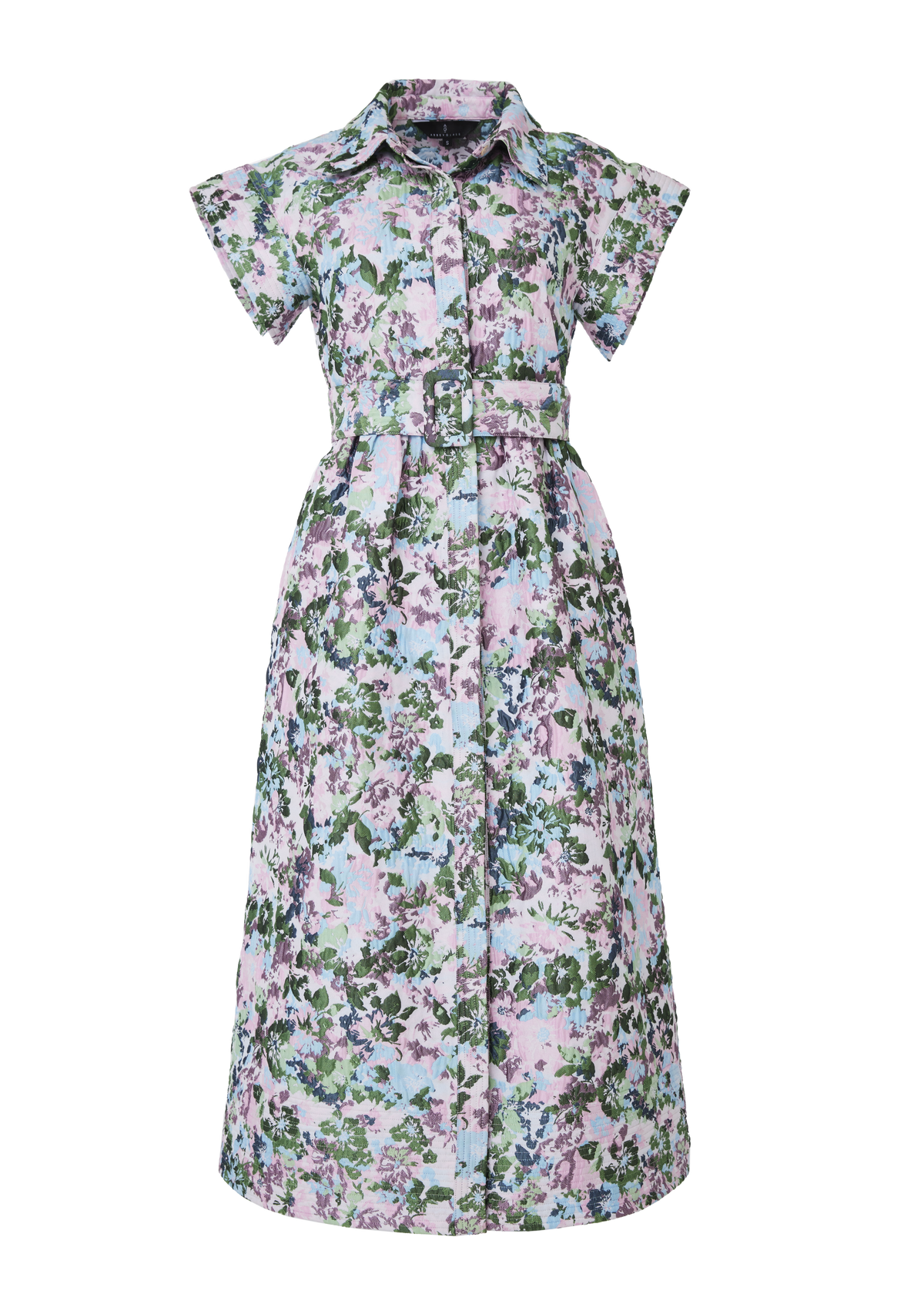 Front view of Harper Dress Pink Abstract Floral Jacquard showcasing collared neckline and adjustable belt against a white background