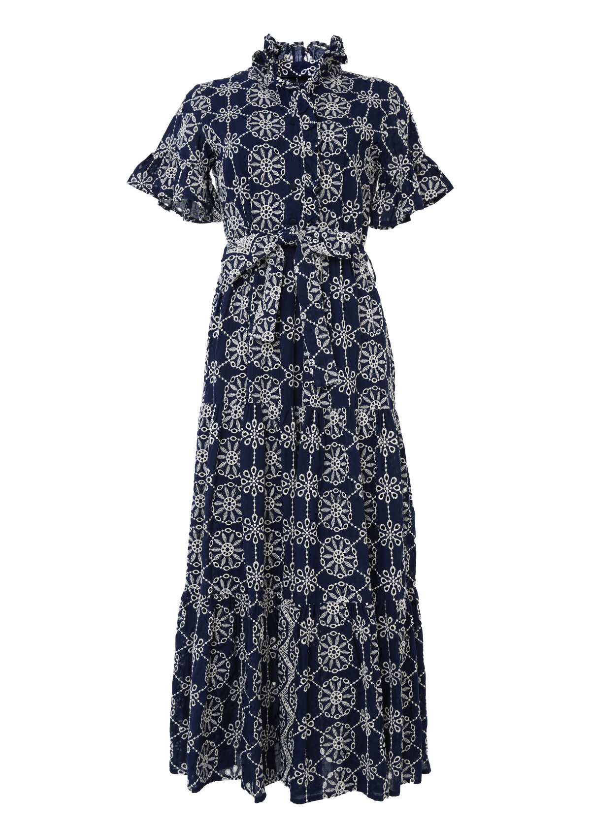 Front view of Sadie Maxi Dress Navy Medallion Eyelet showcasing ruffle collar, belt, and tiered skirt on white background