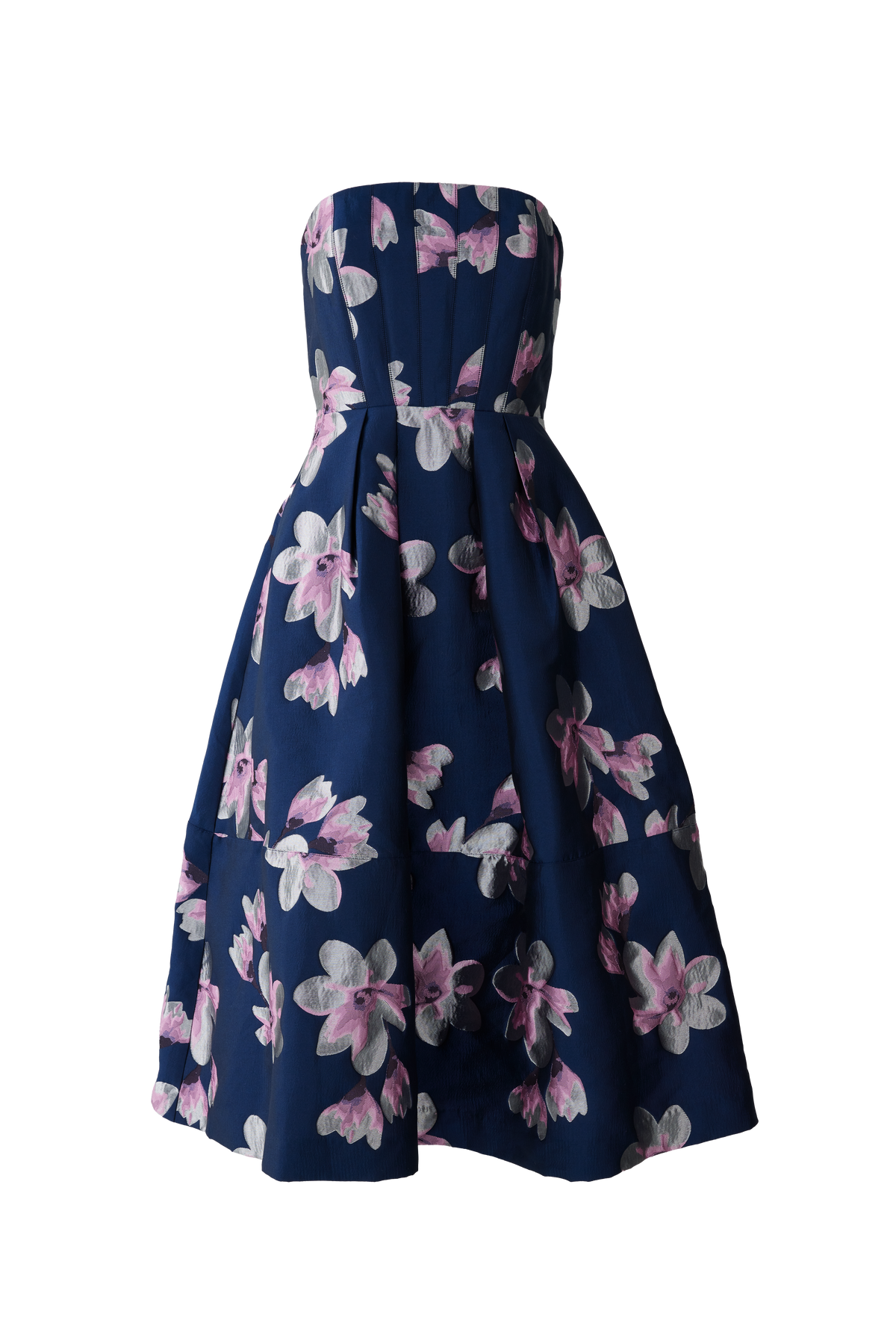 Front view of Catherine Dress in Blue Plumeria Jacquard showcasing strapless neckline and floral jacquard on white background