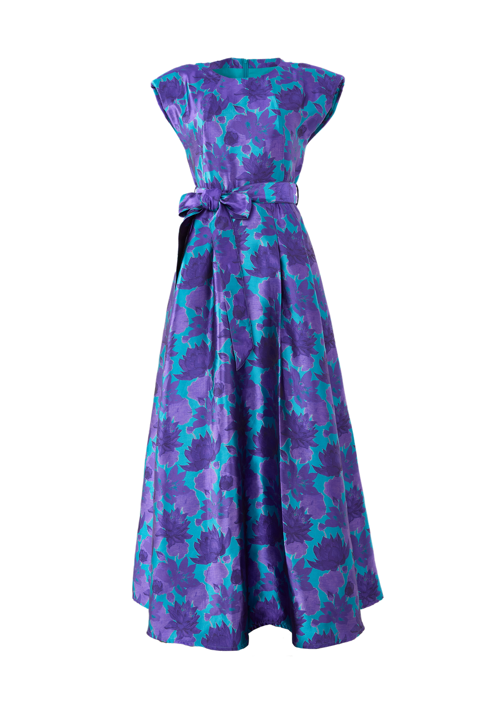 Front view of Olivia Gown in purple floral jacquard with cap sleeves, self-tie belt and pleated A-line skirt against black background