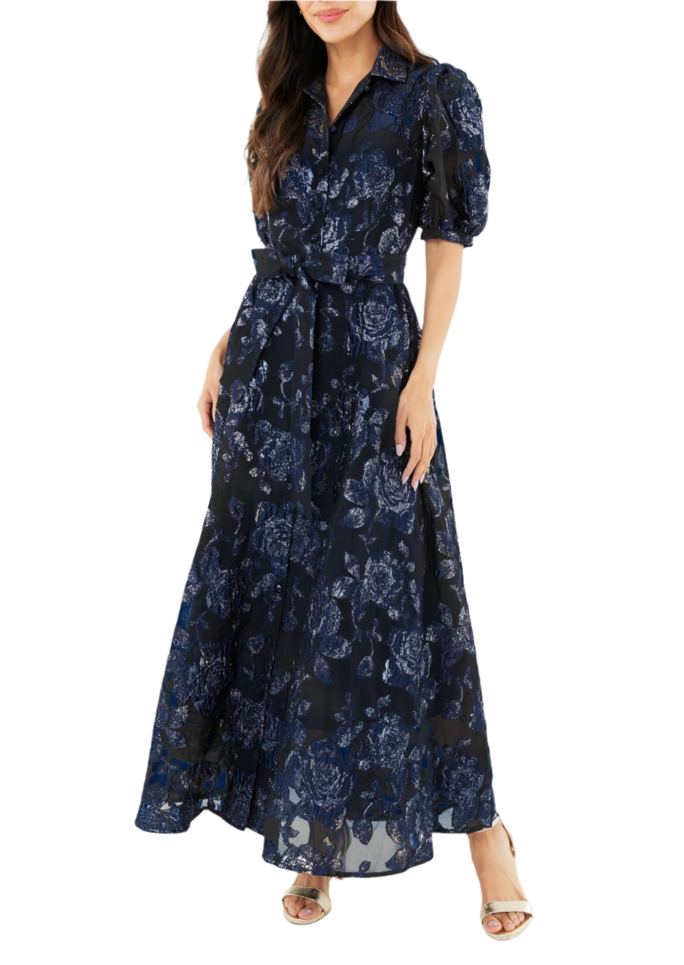 Charlotte Gown Navy Metallic Rose Organza