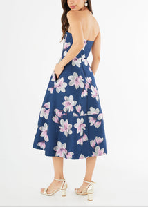 Catherine Dress Blue Plumeria Jacquard