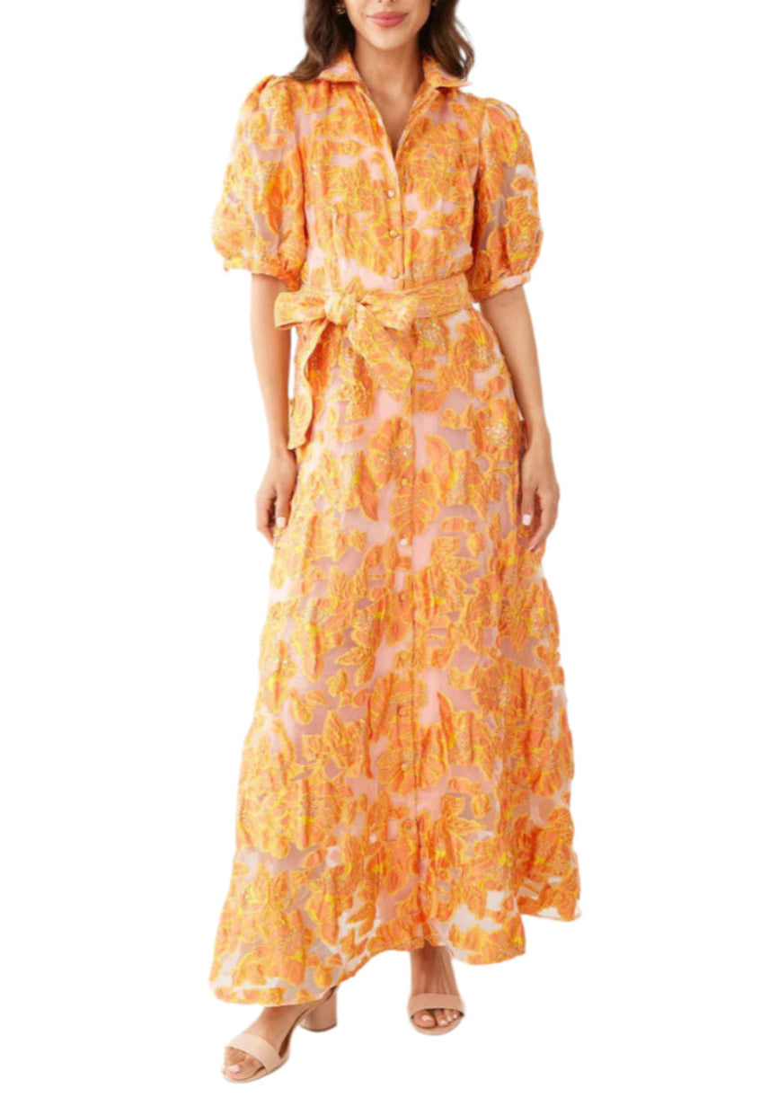 Front view of Charlotte Gown in Orange Blossom Organza with collared neckline, gathered sleeves, and tie belt on a model