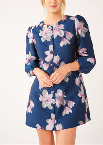 Ellen Dress Blue Plumeria Jacquard