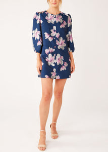 Ellen Dress Blue Plumeria Jacquard