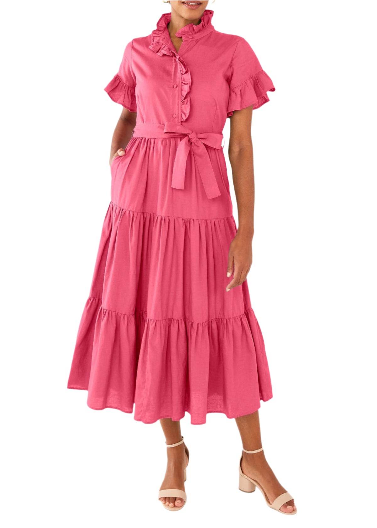 Front view of Sadie Maxi Dress in Pink Linen with ruffle collar, short sleeves, self-tie belt, and tiered skirt