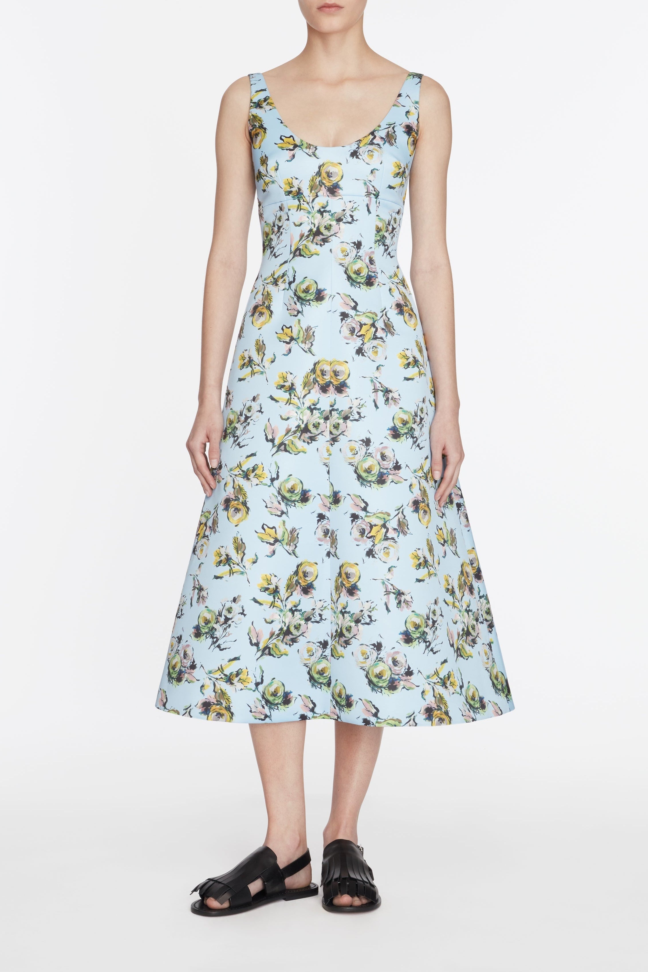 Abella Dress In Yellow & Green Floral Print Genzianella Model Front Shot | Emilia Wickstead