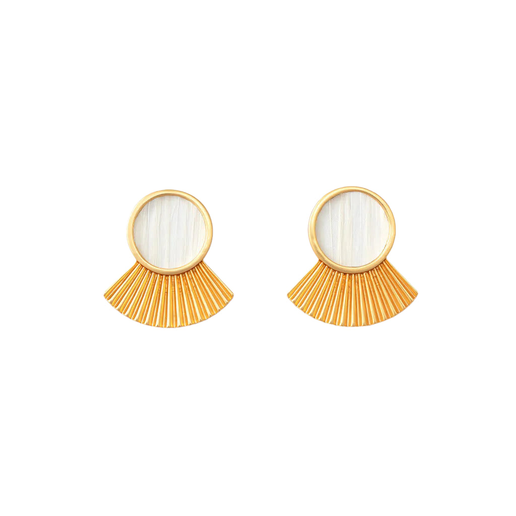 Front view of Acklins stud earrings showcasing round white feather centers and 18K gold-plated sunray fan accents on white background
