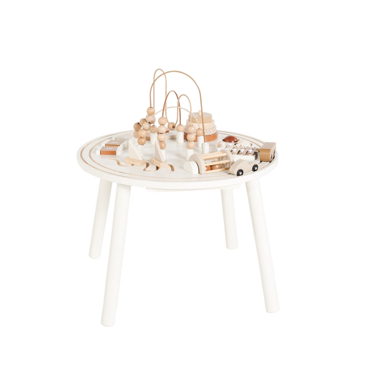 Three-quarter view of Children’s Activity Table showcasing bead maze and wooden activity pieces on white background