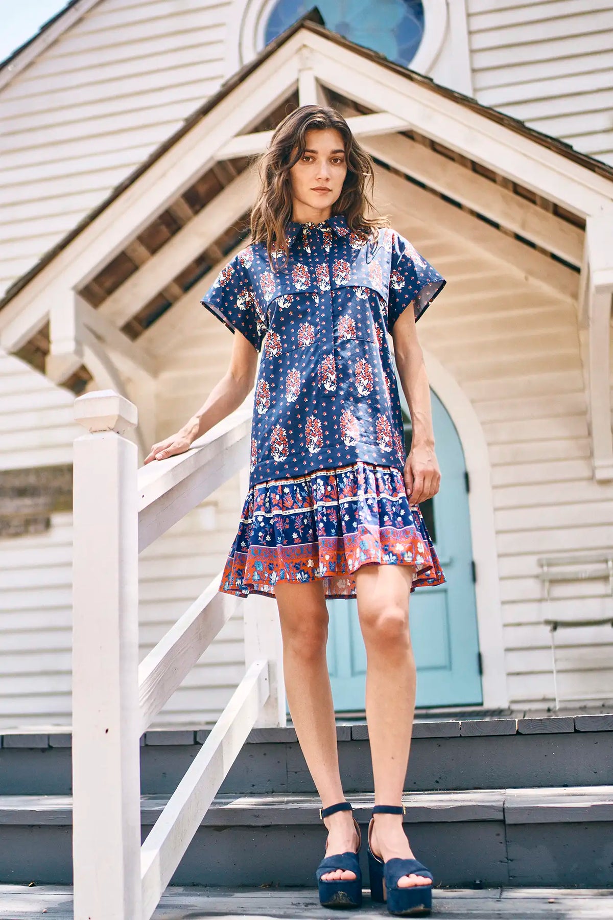 The Addison drop waist shirt dress has a crisp collar, delicate button placket in  fall floral navy.