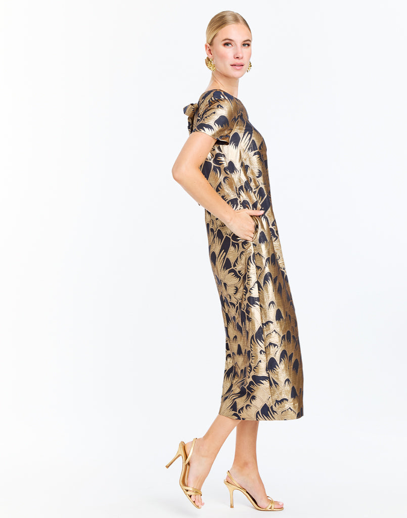 Adria Midi Dress in Navy/Gold Jacquard