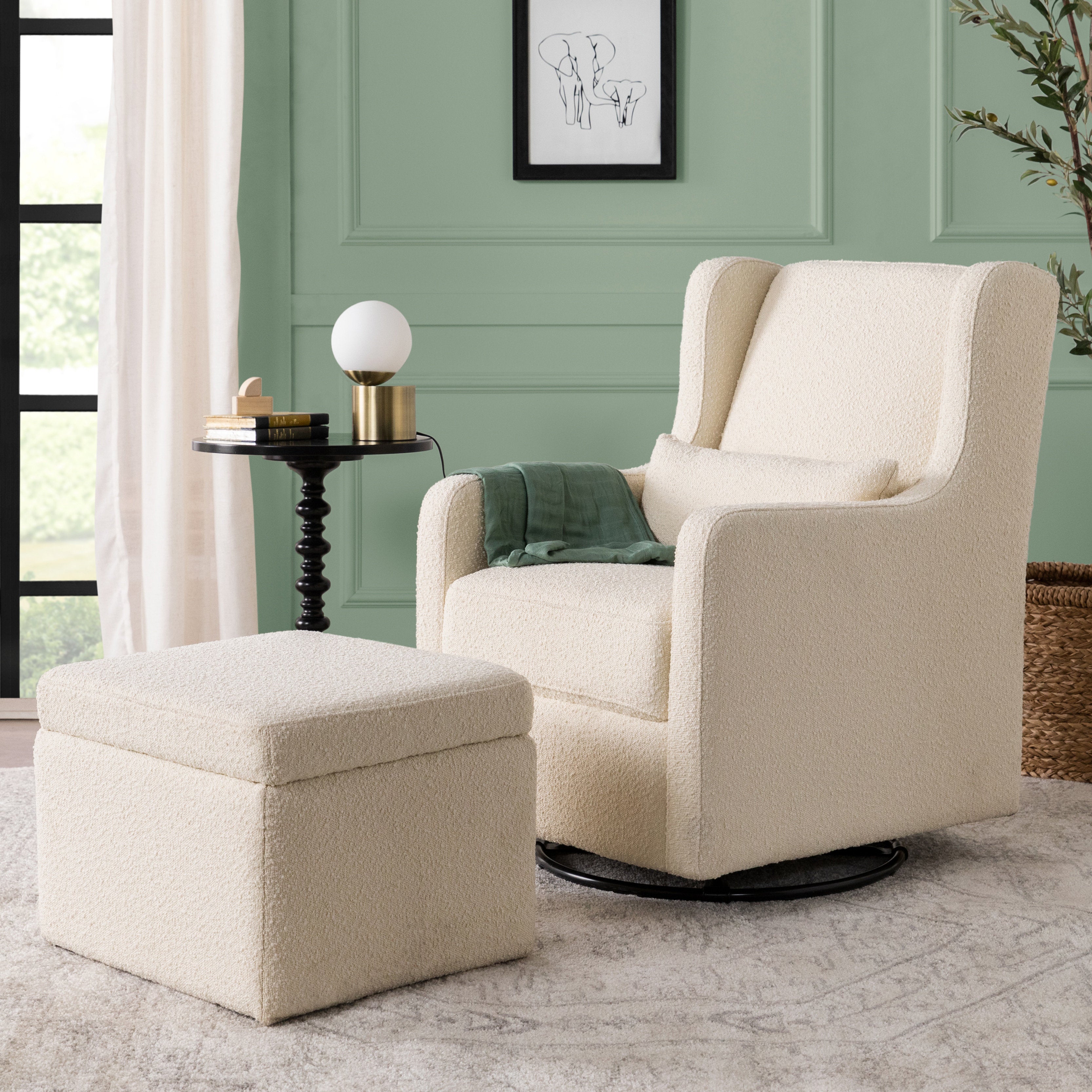 Adrian Swivel Glider and Ottoman in Ivory Boucle