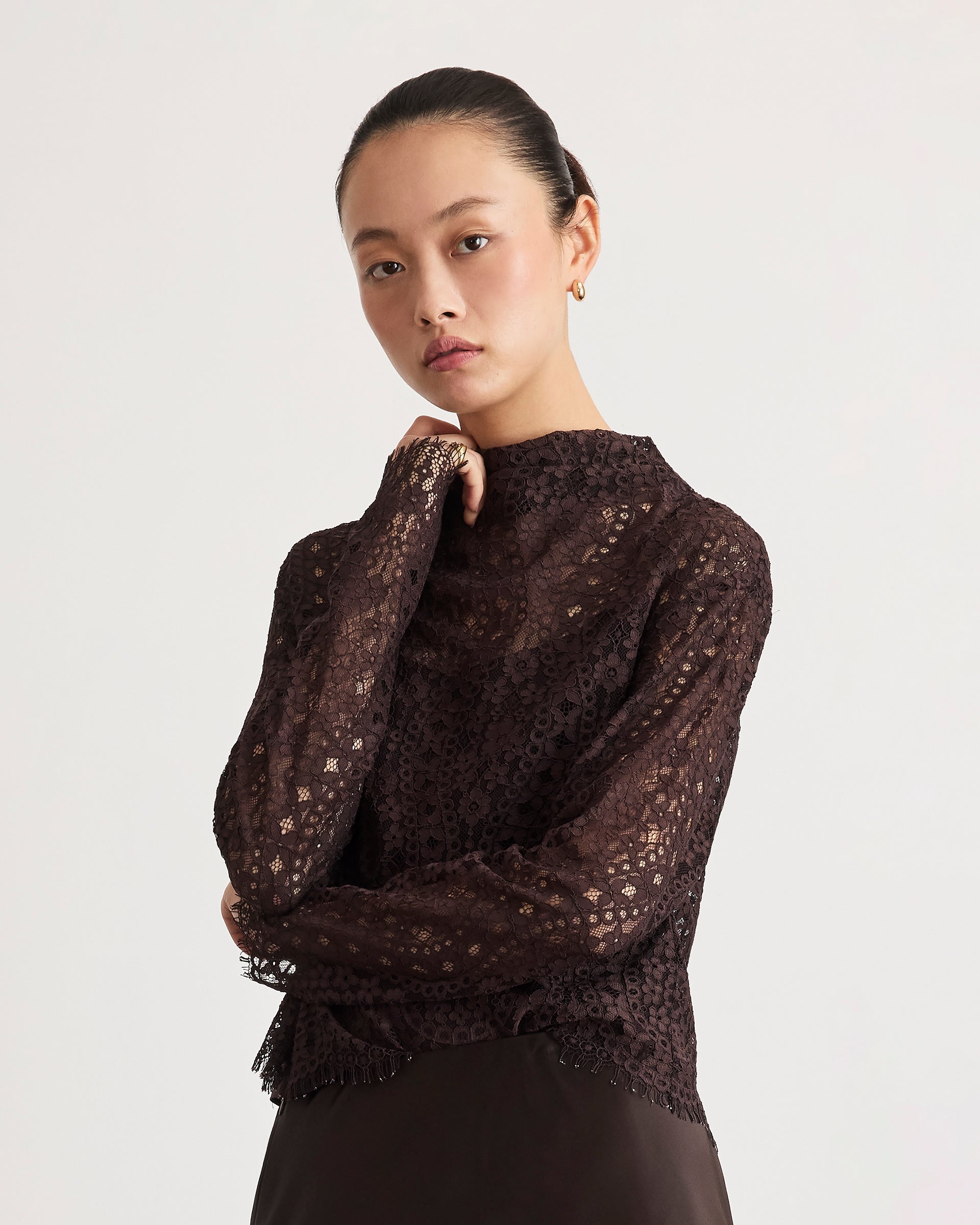 Long Sleeve Adrien Lace Top in Dark Fig