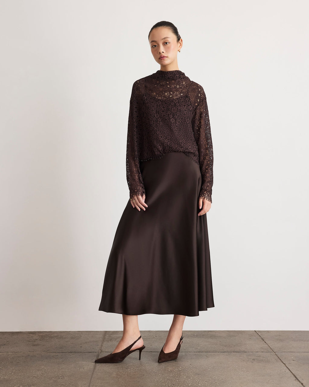 Long Sleeve Adrien Lace Top in Dark Fig