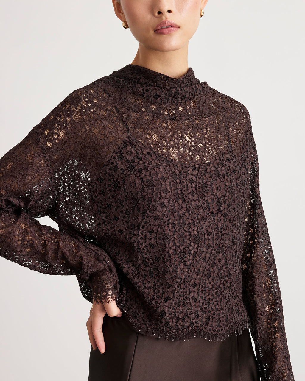 Long Sleeve Adrien Lace Top in Dark Fig