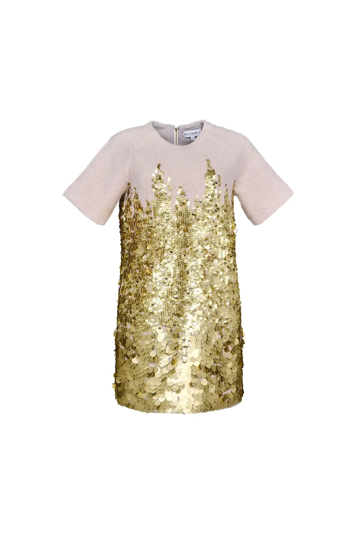 The Aerin Dress is crafted from Italian wool embroidered with cascading gold paillettes. 